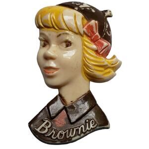 BROWNIE Plastic Pin 1950s Collectible Figural Girl Scout Brooch Celluloid Badge